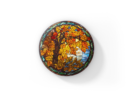 Stained Glass Fall Tree Pin Back Button, Magnet, Keychain