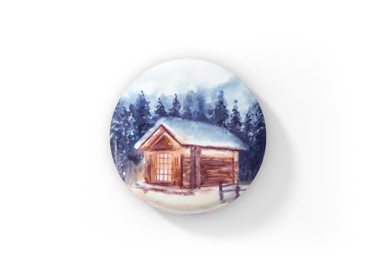 Winter Cabin Pin Back Button, Magnet, Keychain