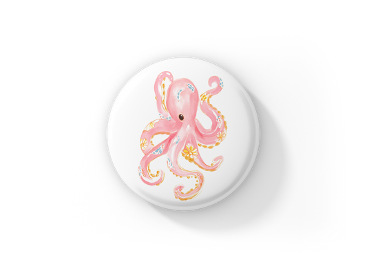 Pink Floral Octopus 2 Pin Back Button, Magnet