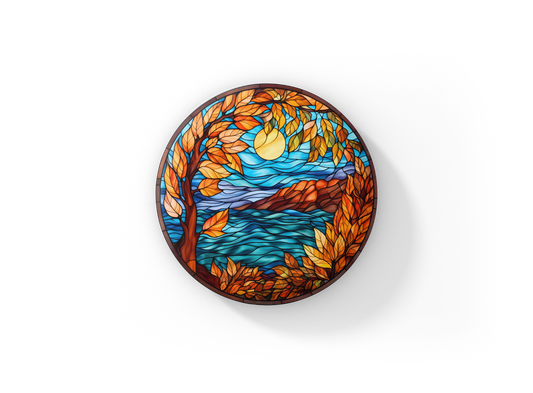 Stained Glass Fall Lake Pin Back Button
