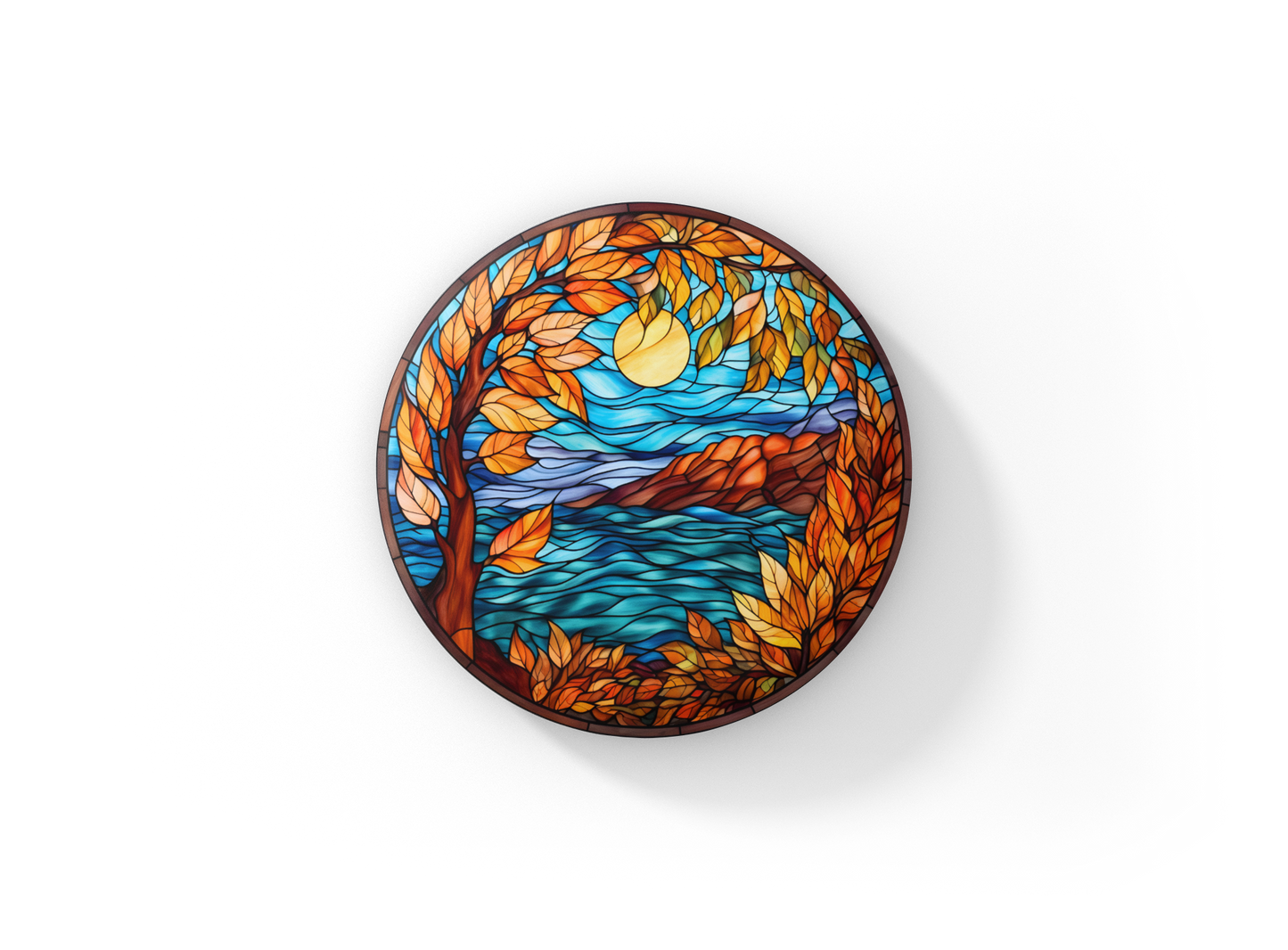 Stained Glass Fall Lake Pin Back Button, Magnet, Keychain