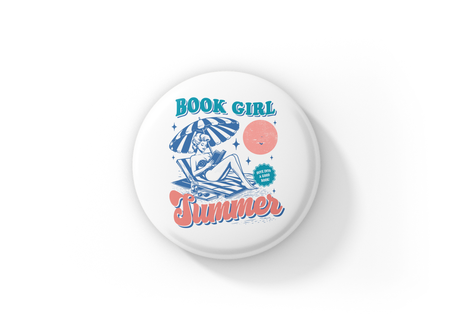Book Girl Summer Pin Back Button, Magnet