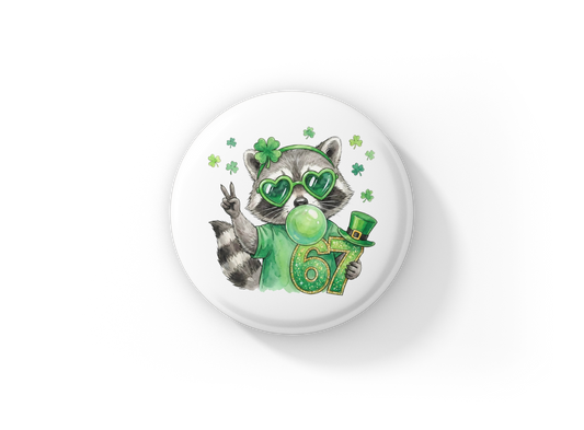 6 7 St Patricks Day Raccoon Pin Back Button, Magnet