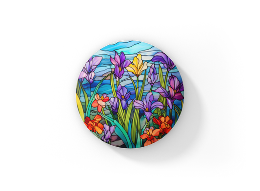 Stained Glass Flower Pin Back Button, Magnet, Keychain