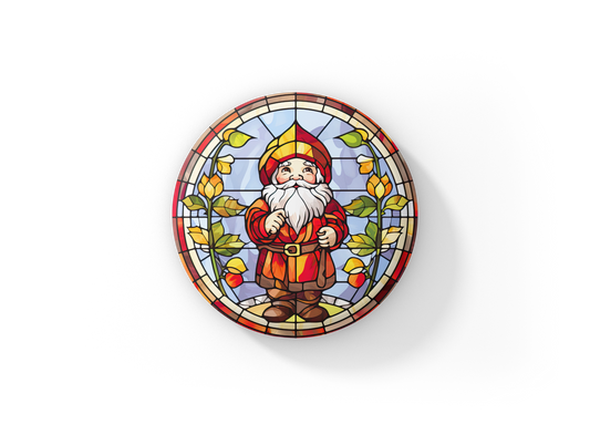 Stained Glass Gnome Pin Back Button, Magnet, Keychain