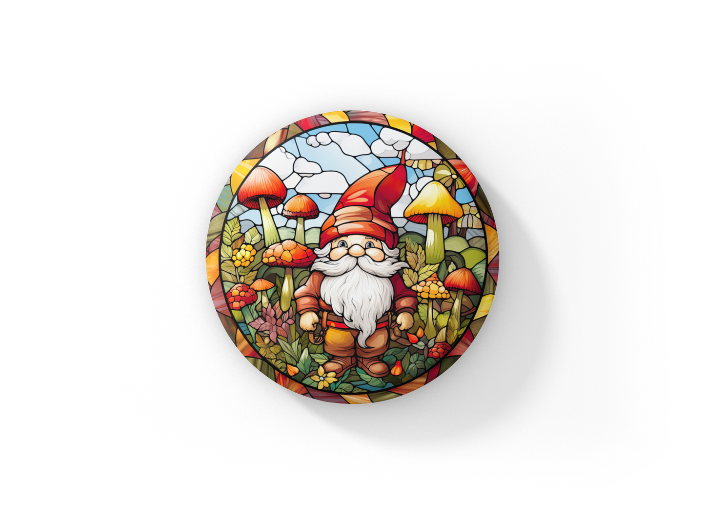 Stained Glass Gnome Pin Back Button, Magnet, Keychain