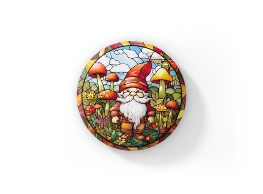 Stained Glass Gnome Pin Back Button, Magnet, Keychain