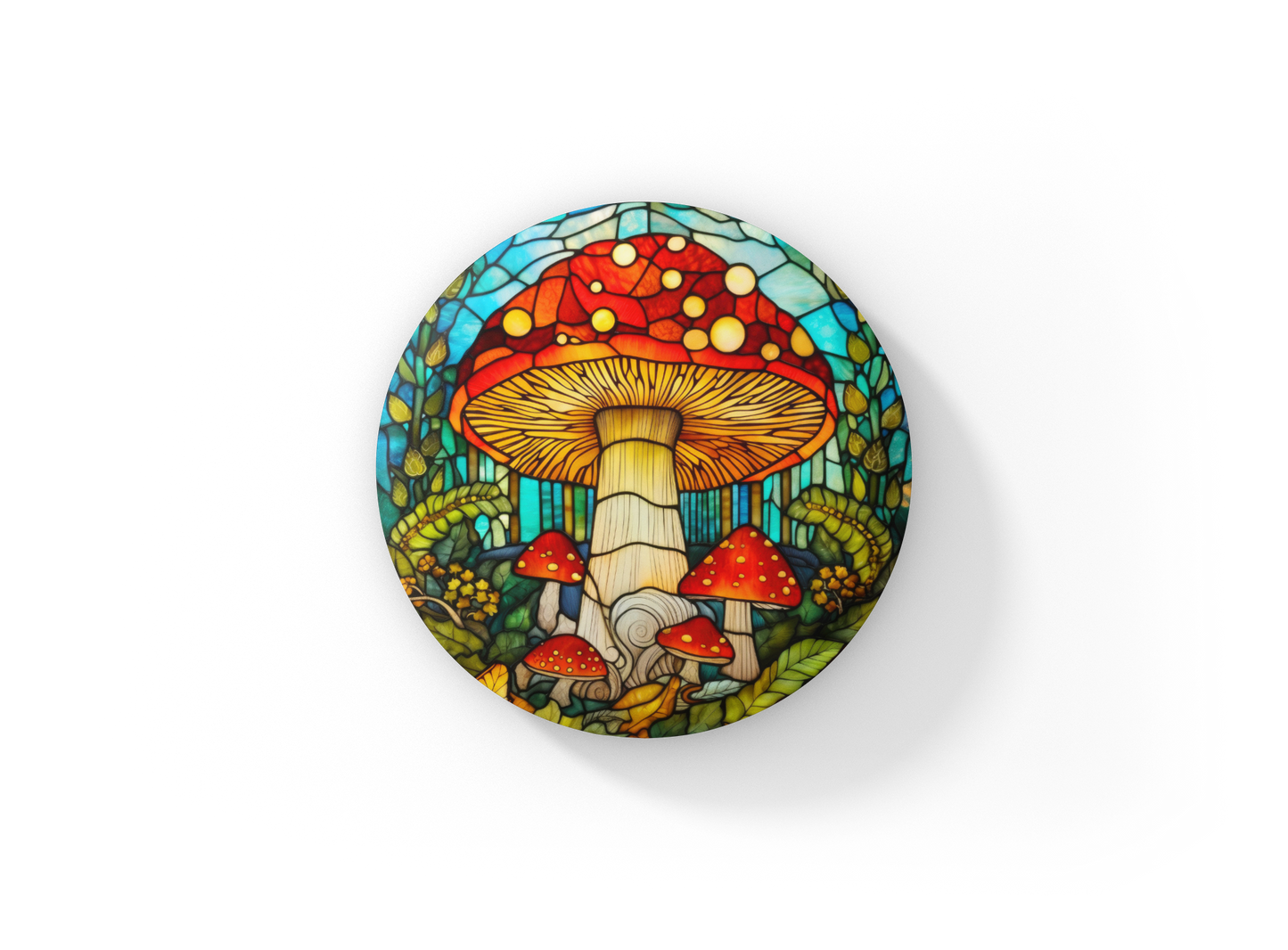 Stained Glass Mushroom Pin Back Button, Magnet, Keychain