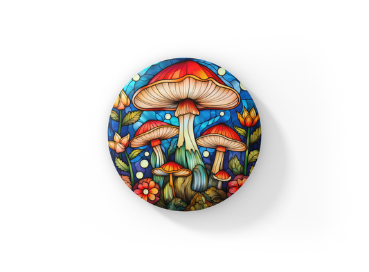 Stained Glass Mushroom Pin Back Button