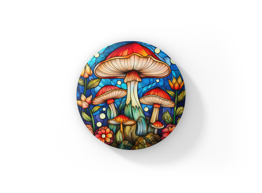 Stained Glass Mushroom Pin Back Button, Magnet, Keychain