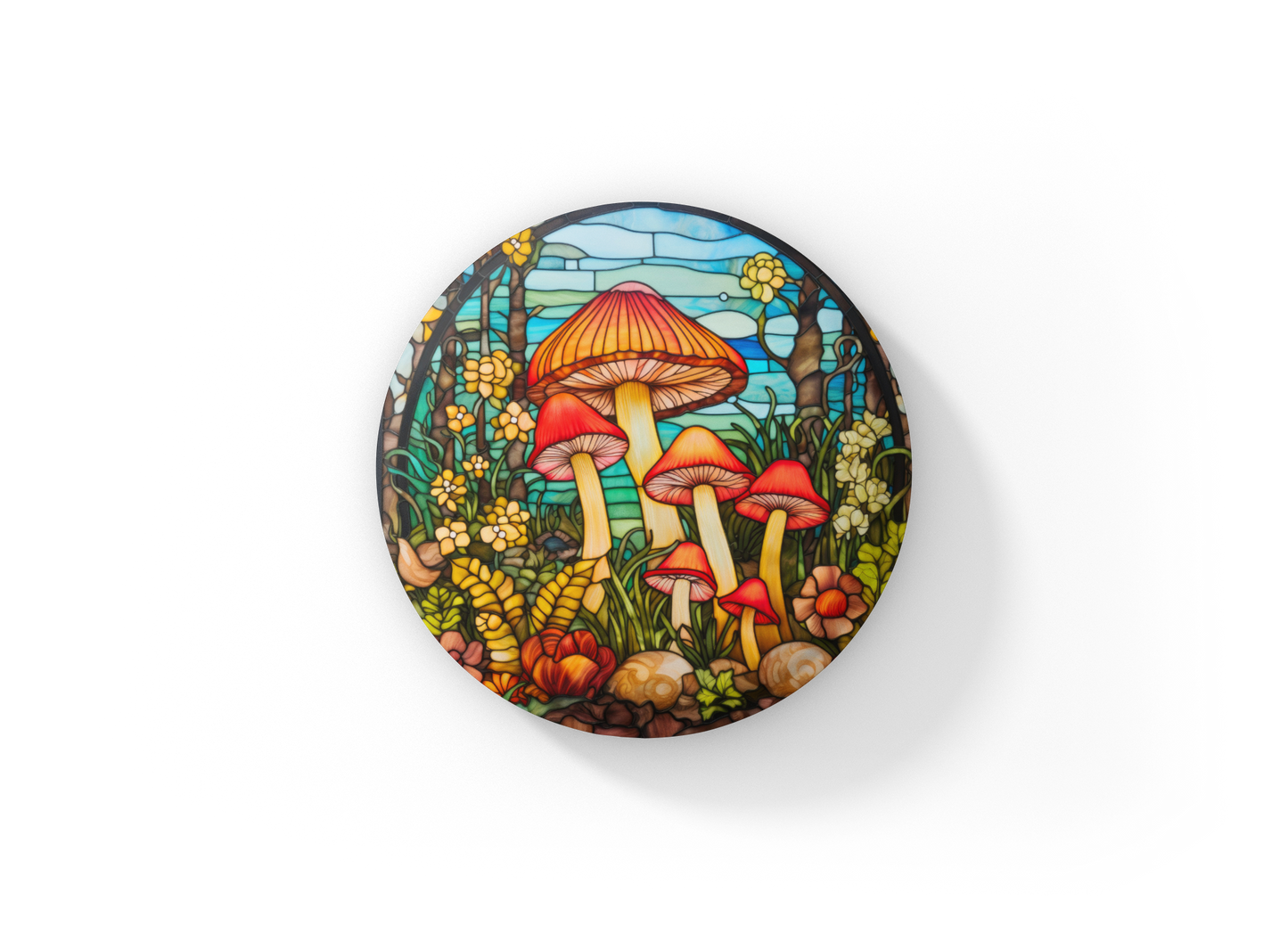 Stained Glass Mushroom Pin Back Button, Magnet, Keychain