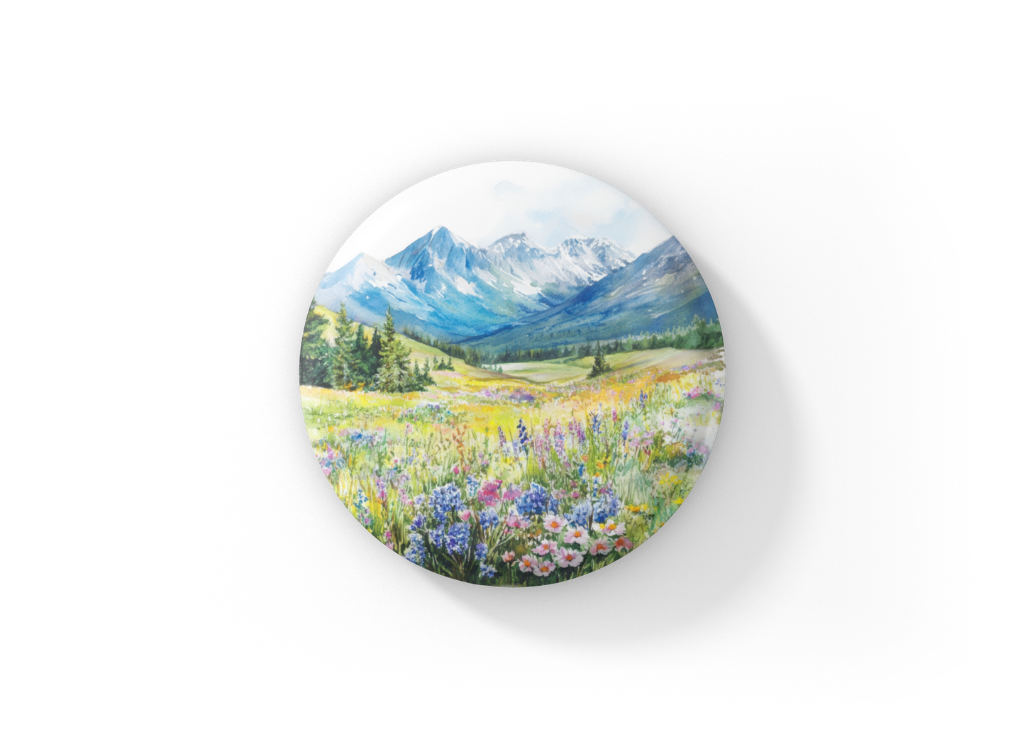 Mountains Spring Flowers 2 Pin Back Button, Magnet
