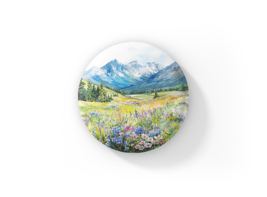 Mountains Spring Flowers 2 Pin Back Button, Magnet