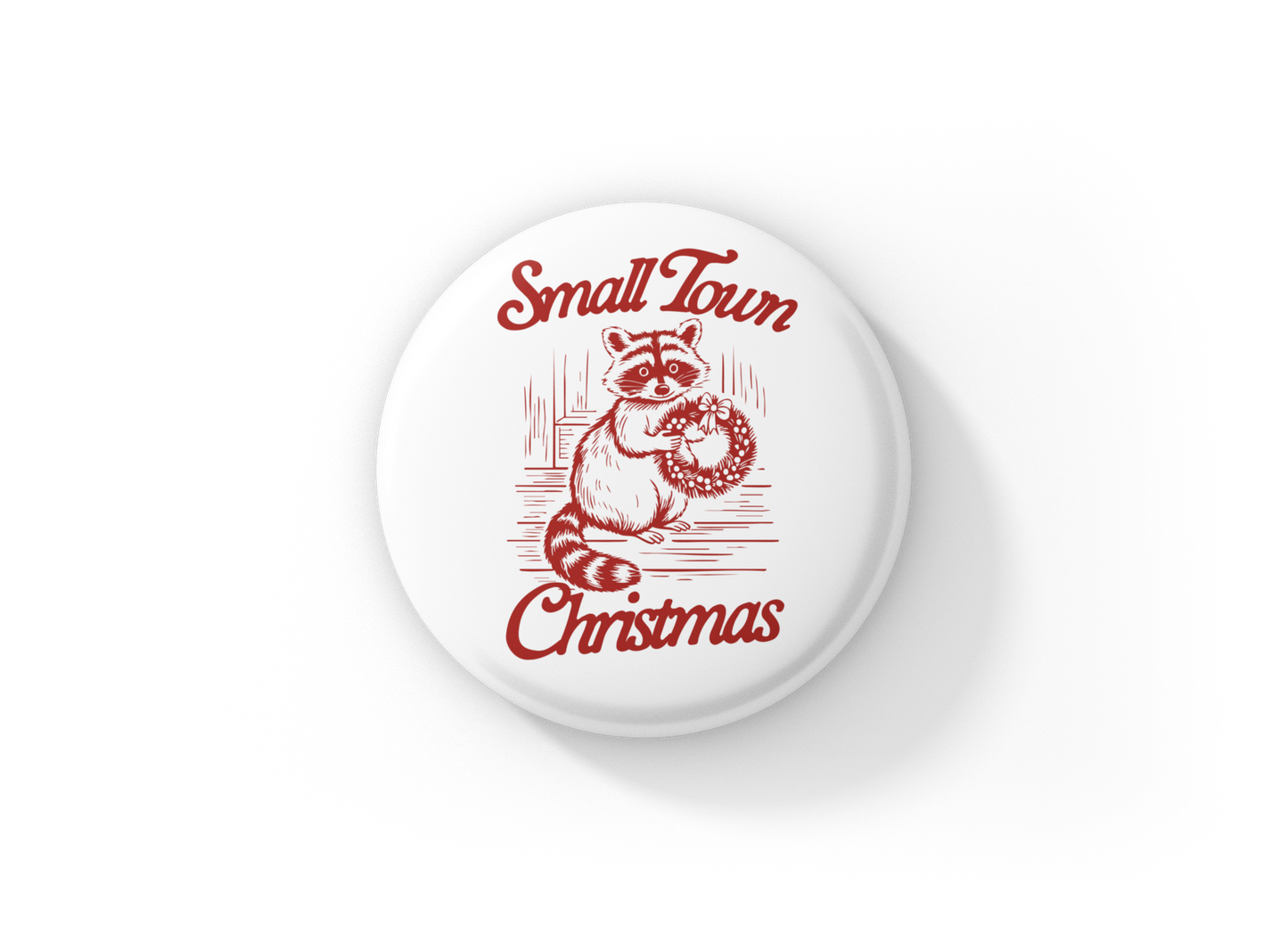 Small Town Christmas Raccoon Pin Back Button, Magnet