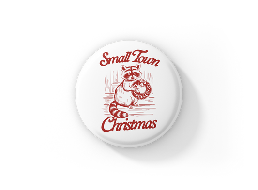 Small Town Christmas Raccoon Pin Back Button, Magnet