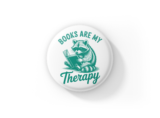 Books Are My Therapy Raccoon Pin Back Button, Magnet