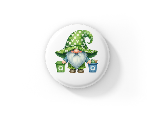 Garden Gnome Recycling Pin Back Button, Magnet