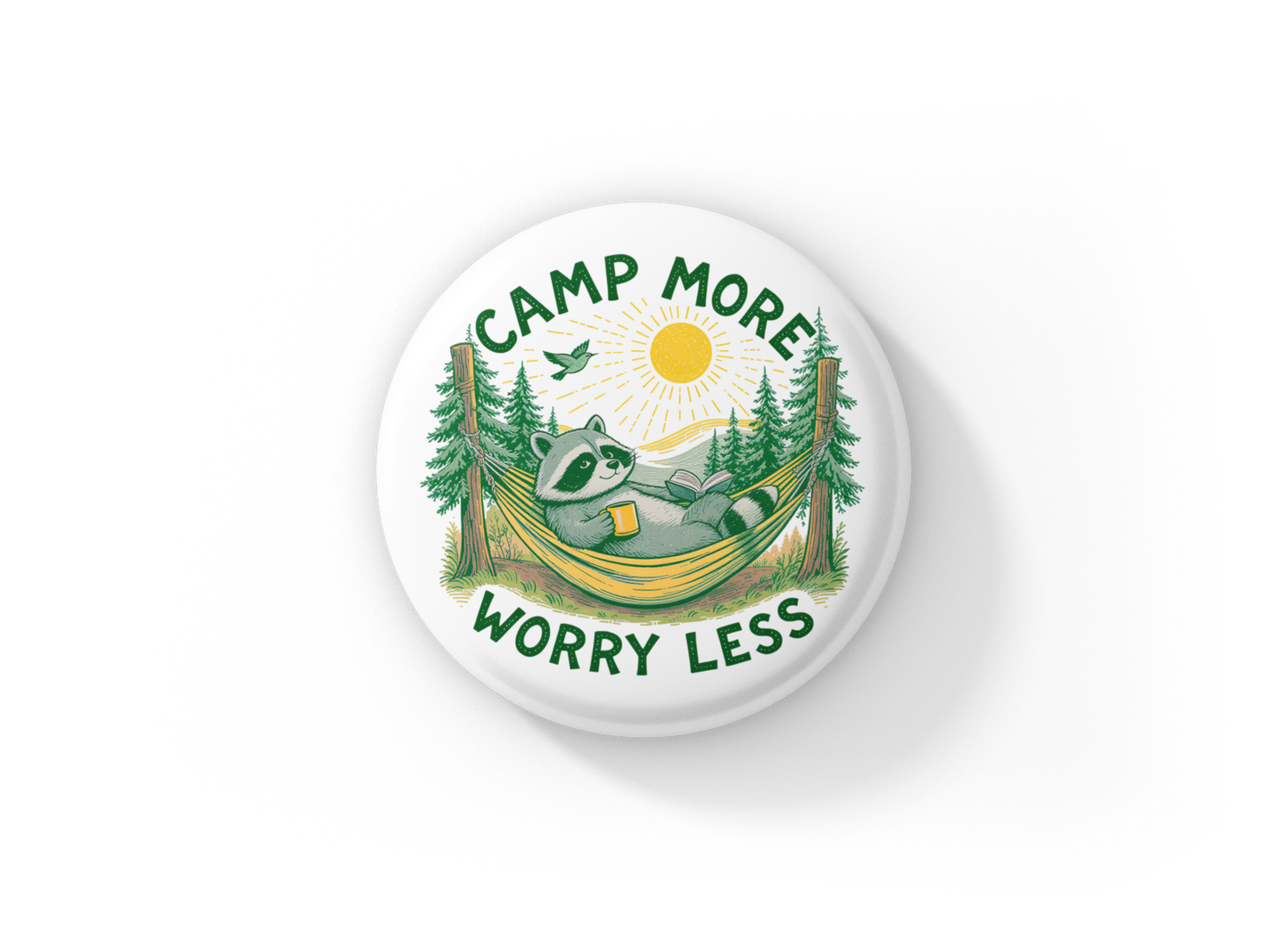Camp More Worry Less Raccoon Pin Back Button, Magnet