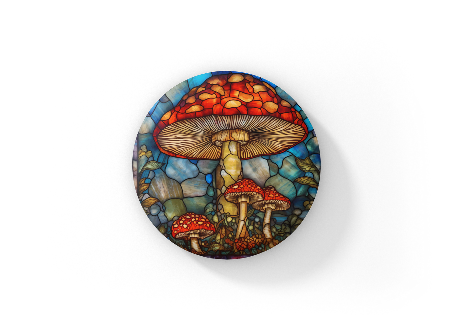 Stained Glass Mushroom Pin Back Button, Magnet, Keychain