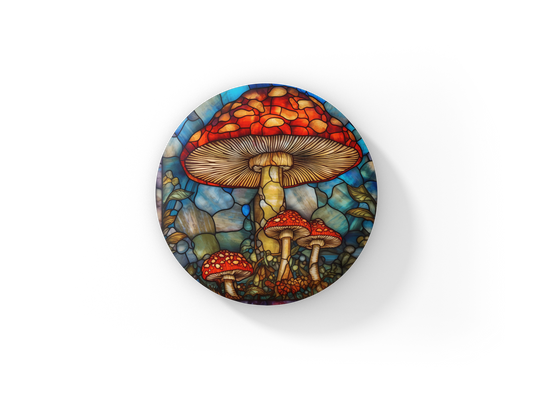 Stained Glass Mushroom Pin Back Button, Magnet, Keychain