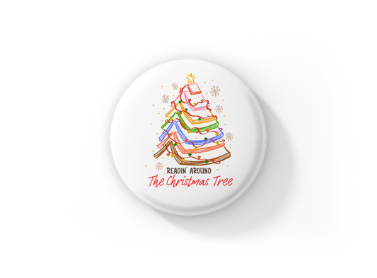 Readin Around The Christmas Tree Pin Back Button, Magnet