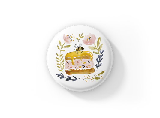 Honey Bee Cake Pin Back Button, Magnet