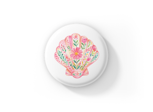Pink Floral Shell Pin Back Button, Magnet
