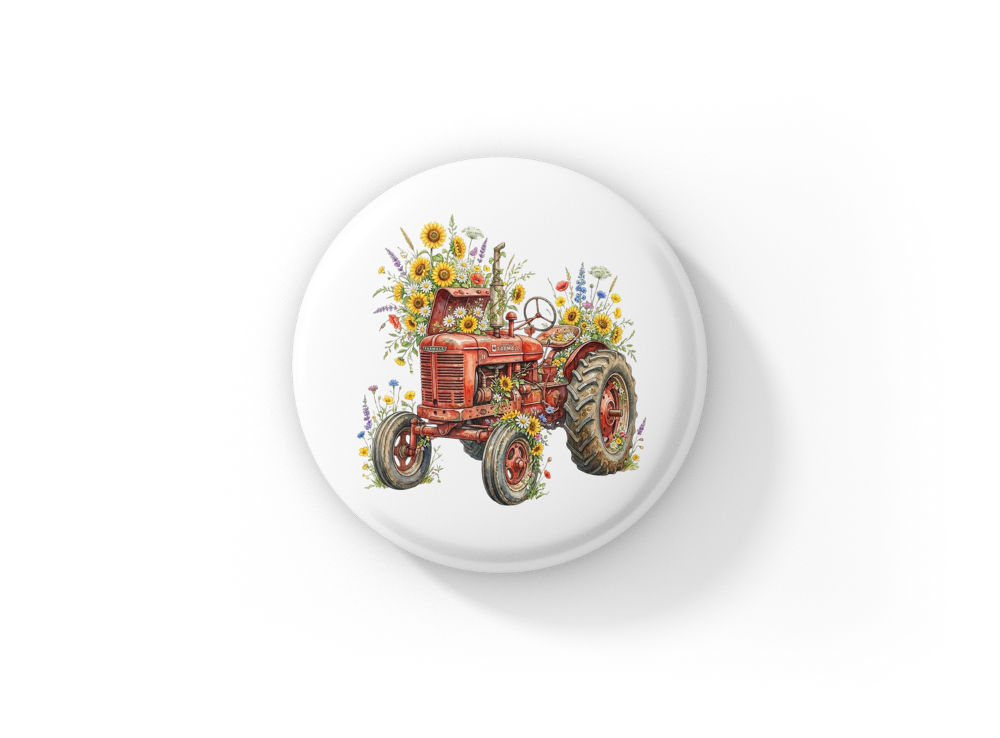 Floral Tractor Pin Back Button, Magnet