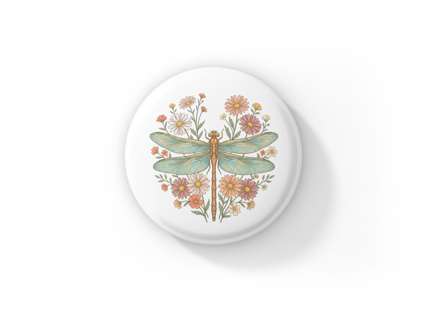 Dragonfly Floral Pin Back Button, Magnet
