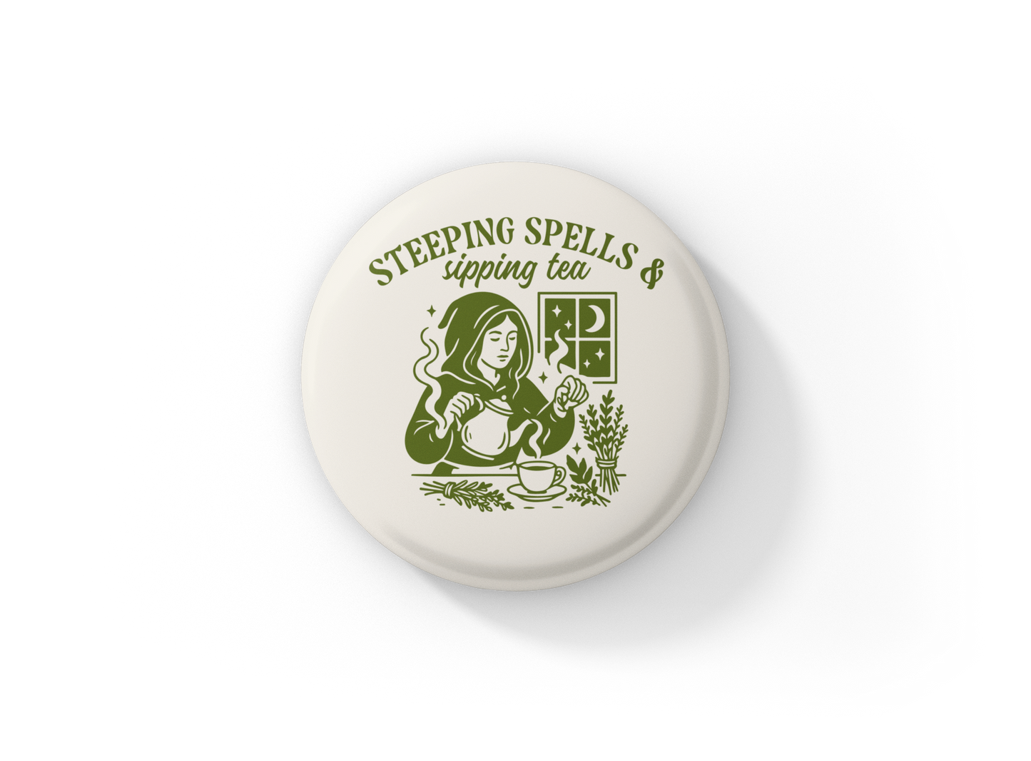 Steeping Spells & Sipping Tea Pin Back Button, Magnet
