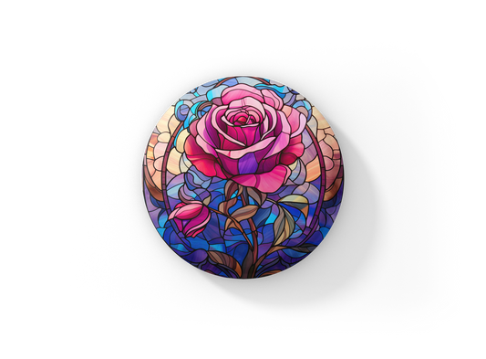 Stained Glass Rose Pin Back Button, Magnet, Keychain