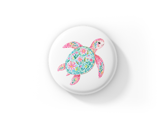 Pink Floral Sea Turtle Pin Back Button, Magnet