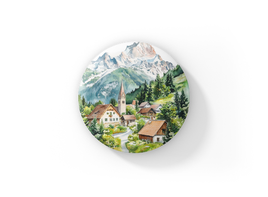 Mountain Village Pin Back Button, Magnet