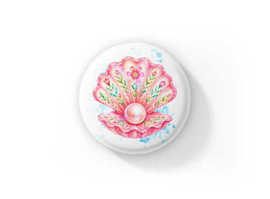 Pink Floral Clamshell Pin Back Button, Magnet