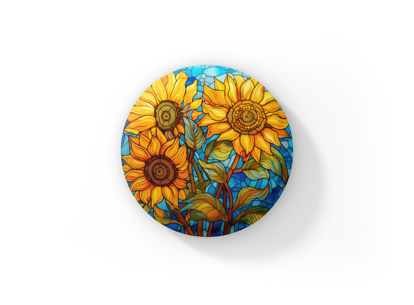 Stained Glass Sunflower Pin Back Button, Magnet, Keychain