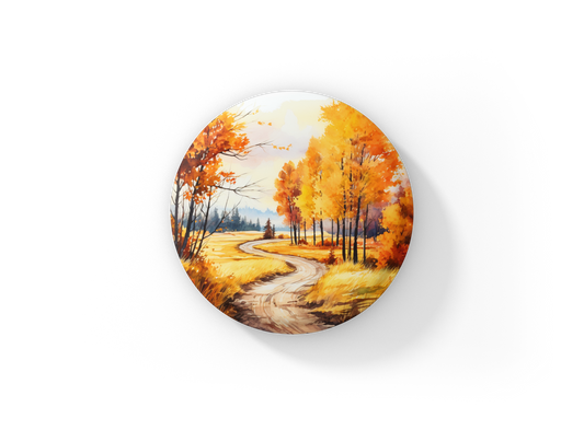 Fall Road Landscape Pin Back Button, Magnet, Keychain