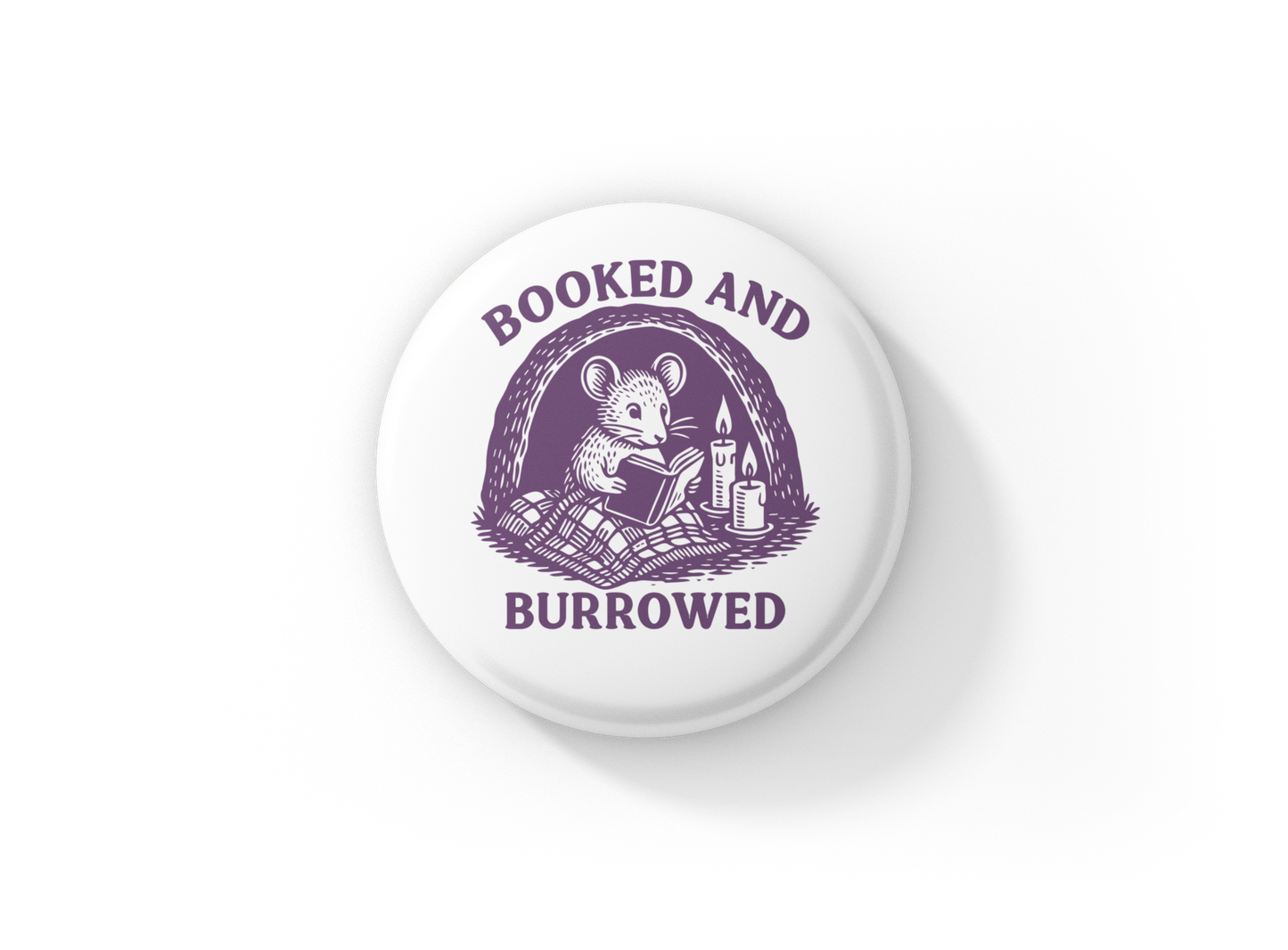 Booked and Burrowed Mouse Reading Pin Back Button, Magnet