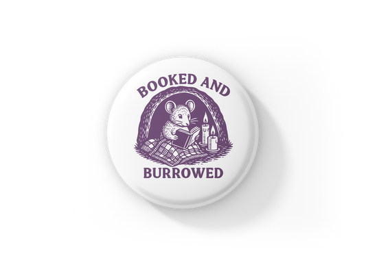 Booked and Burrowed Mouse Reading Pin Back Button, Magnet