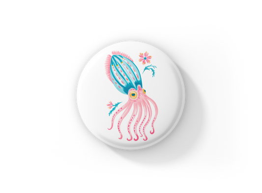 Pink Squid Pin Back Button, Magnet