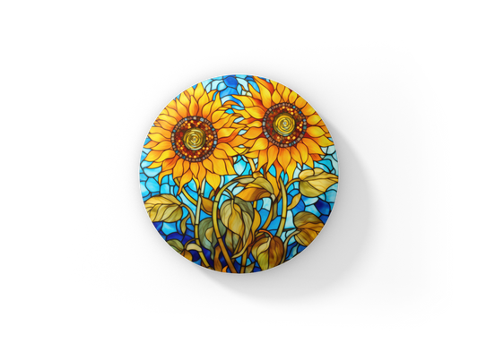 Stained Glass Sunflower Pin Back Button, Magnet, Keychain