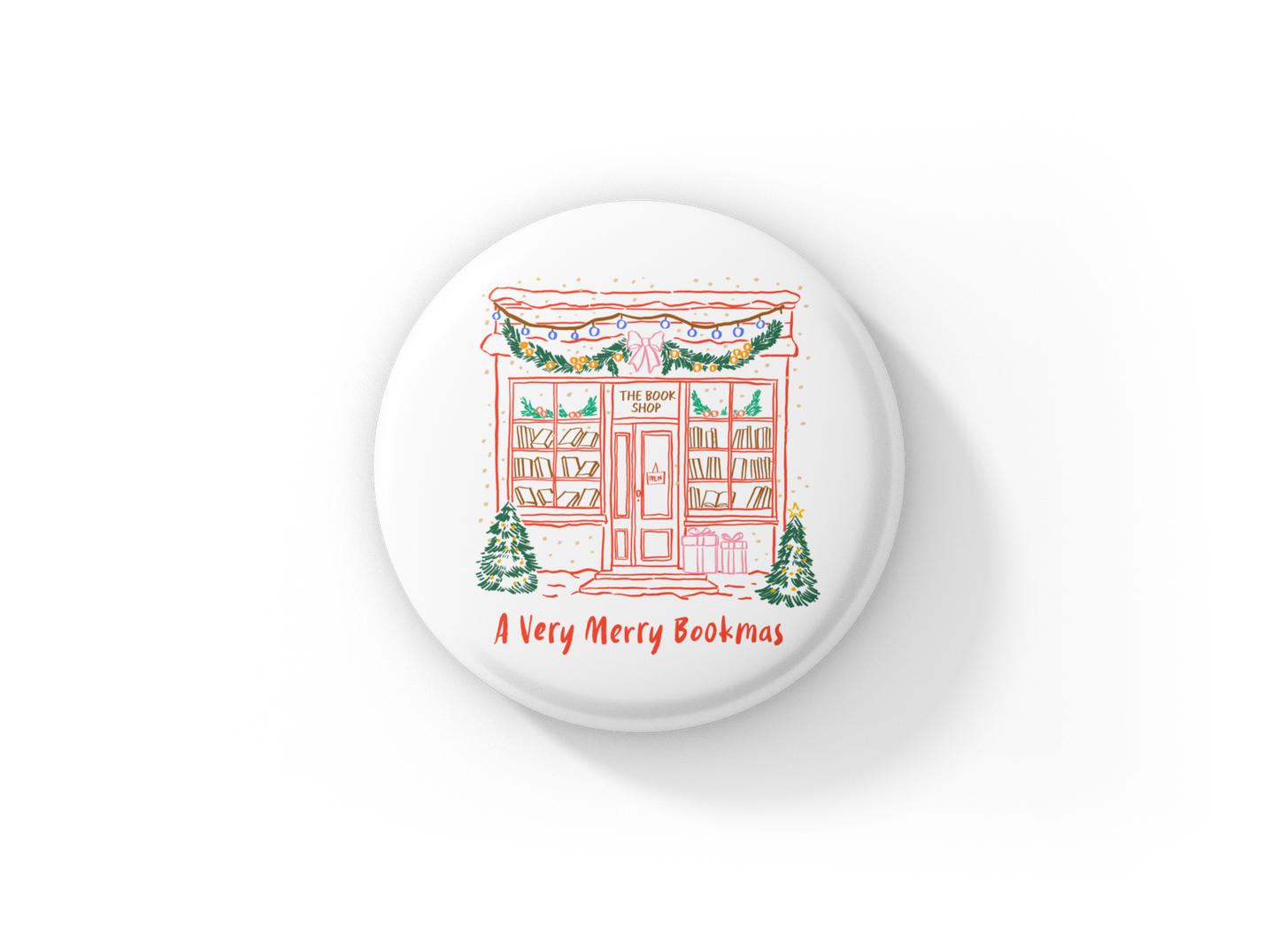 Christmas Bookshop Pin Pin Back Button, Magnet