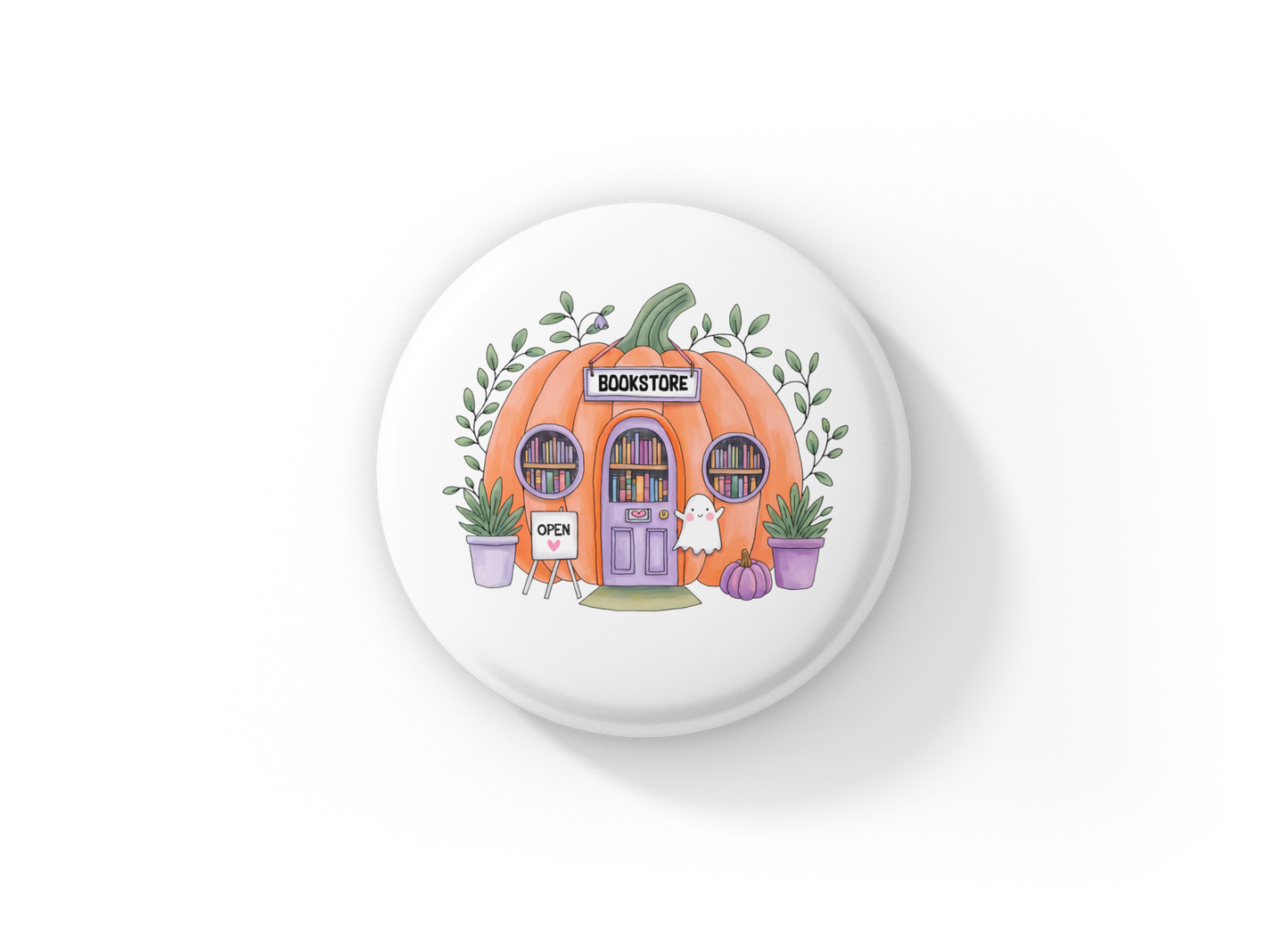 Pumpkin Book Store Pin Back Button, Magnet