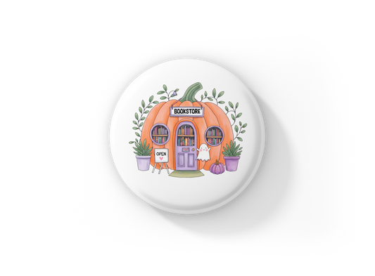 Pumpkin Book Store Pin Back Button, Magnet