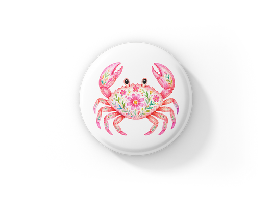 Floral Pink Crab Pin Back Button, Magnet