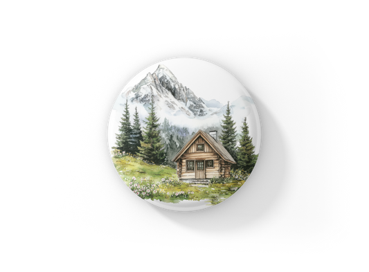 Mountain Cabin Landscape Pin Back Button, Magnet