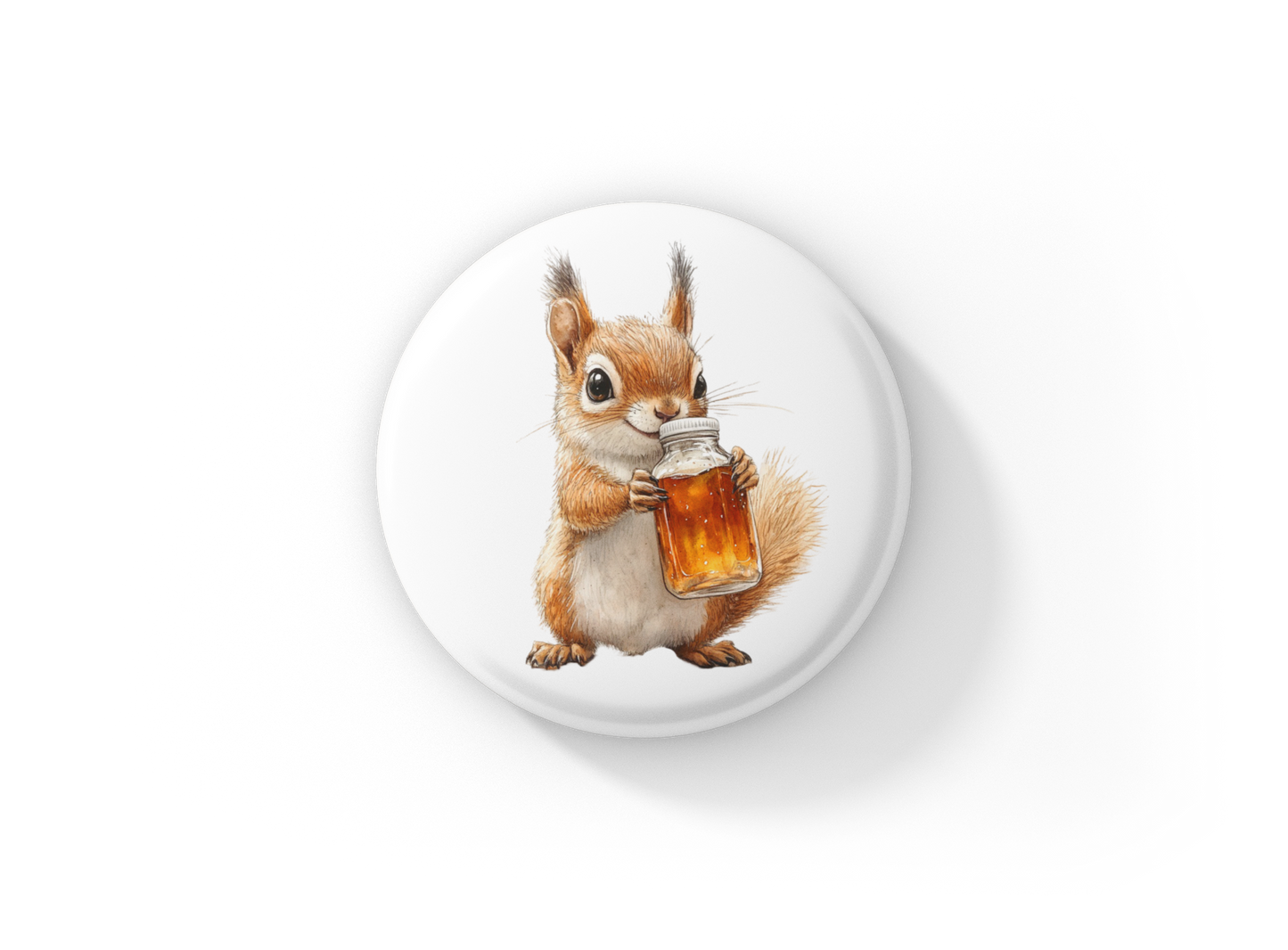 Squirrel With Maple Syrup Pin Back Button, Magnet