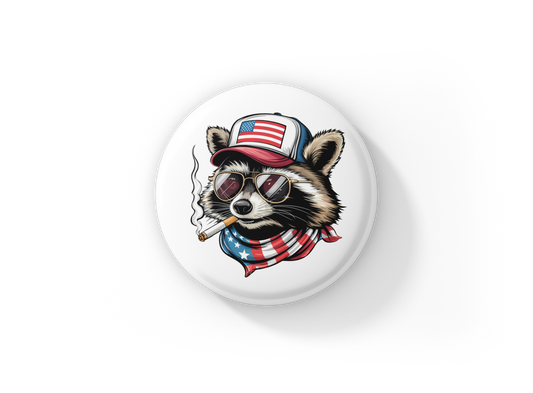 Smoking America Raccoon Pin Back Button, Magnet