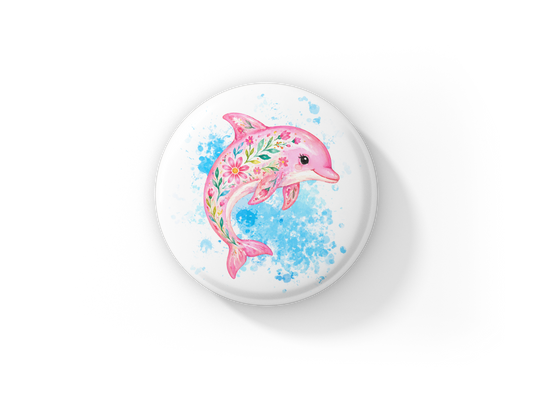 Pink Dolphin Pin Back Button, Magnet