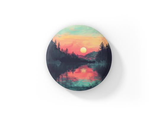 Sunset Forest Lake Pin Back Button, Magnet