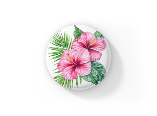 Pink Hibiscus Flower Pin Back Button, Magnet